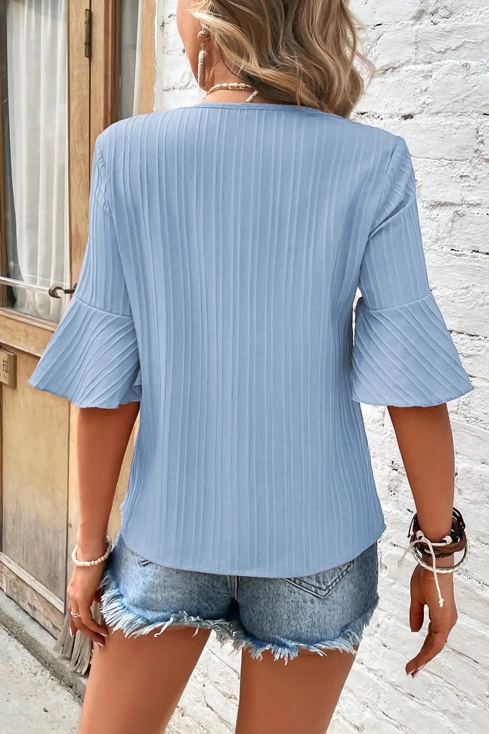 Beau Blue Ruffled Half Sleeve V Neck Textured Top - Love Salve